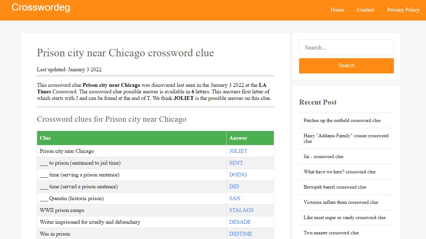 Prison city near Chicago Crossword Clue Answers, Crossword Solver